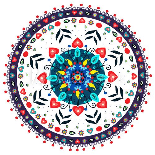 Barevný mandalový vzor s motivy folklóru