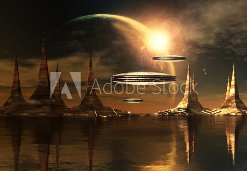 Futuristická krajina s létajícími objekty