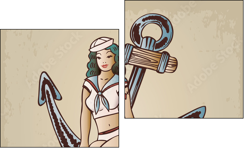 Vintage pinup sailor girl sitting on an anchor - Two-piece canvas, Diptych