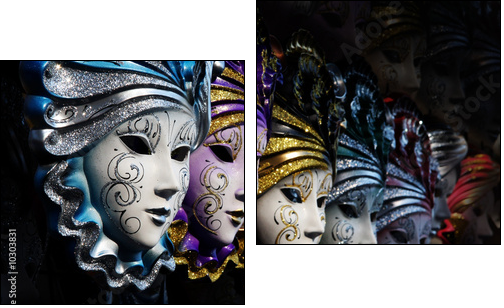 Row of venetian masks in gold and blue - Two-piece canvas, Diptych