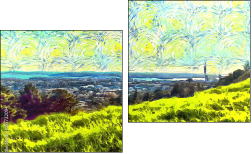 grass filled hillside against a background of trees and a blue sky with clouds - Two-piece canvas, Diptych