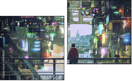 man standing on balcony looking at futuristic city with colorful light, digital art style, illustration painting - Two-piece canvas, Diptych