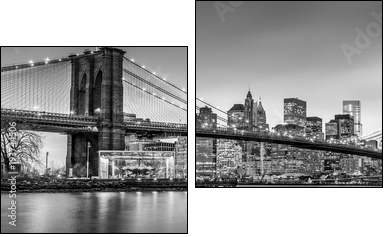 Brooklyn bridge and New York City Manhattan downtown skyline at dusk with skyscrapers illuminated over East River panorama. Panoramic composition. - Two-piece canvas, Diptych