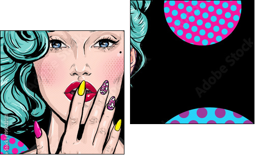 Pop Art illustration of girl with hand.Pop Art girl. Comic woman with speech bubble.Sexy girl. Nails. Lipstick and nail-varnish advertisement. model, 1990s, pop, naive, head, party, face, omg, art,wow - Two-piece canvas, Diptych