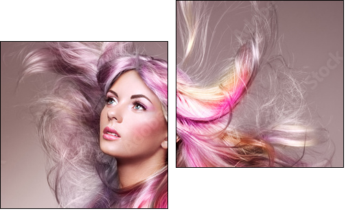Beauty Fashion Model Girl with Colorful Dyed Hair. Girl with perfect Makeup and Hairstyle. Model with perfect Healthy Dyed Hair. Rainbow Hairstyles - Two-piece canvas, Diptych