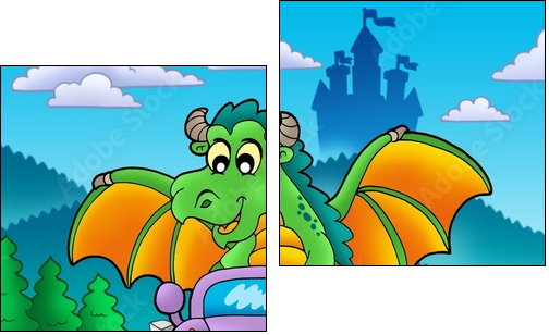 Green dragon driving car - Two-piece canvas, Diptych