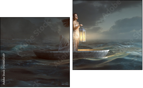 Frau mit Laterne in Ruderboot - Two-piece canvas, Diptych