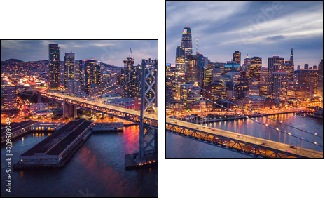 Aerial cityscape view of San Francisco and the Bay Bridge at Night - Two-piece canvas, Diptych