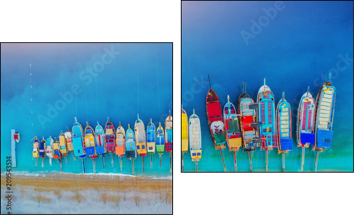 Aerial view of colorful boats in mediterranean sea in Oludeniz, Turkey. Beautiful summer landscape with ships, clear blue water and sandy beach at sunset. Top view of yachts from drone in Europe - Two-piece canvas, Diptych