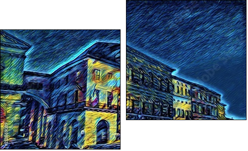 Ponte di mezzo in Pisa, Italy. Old houses at embankment. Italian bridge. Big size oil painting fine art in Vincent Van Gogh style. Modern impressionism drawn. Creative artistic print or poster. - Two-piece canvas, Diptych