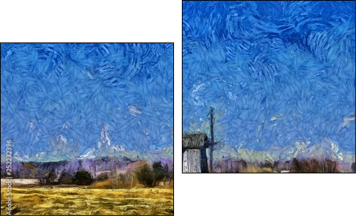 Nature landscape and old historical mill in village. Impressionism oil painting in Vincent Van Gogh modern style. Creative artistic print for canvas or textile. Wallpaper, poster or postcard design. - Two-piece canvas, Diptych