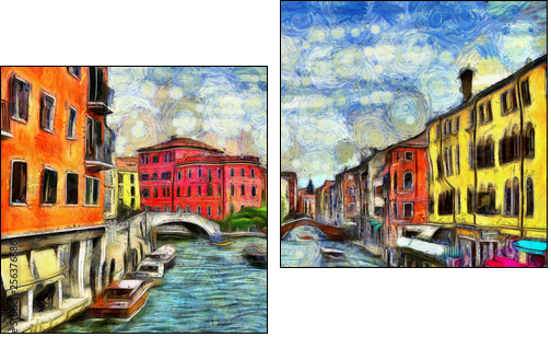 Venetian canal with moving boats, digital imitation of Van Gogh painting style - Two-piece canvas, Diptych