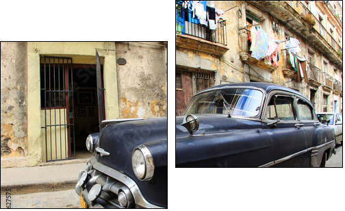 A classic old car is black color parked in front of the building - Two-piece canvas, Diptych
