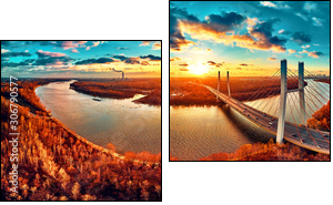 Beautiful panoramic aerial drone view to cable-stayed Siekierkowski Bridge over the Vistula river and Warsaw City skyscrapers, Poland in gold red autumn colors in November evening at sunset - Two-piece canvas, Diptych