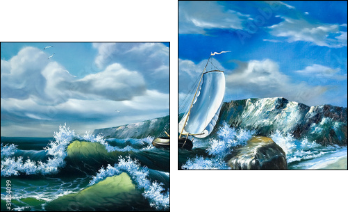 Lonely sailing vessel in the storming sea - Two-piece canvas, Diptych