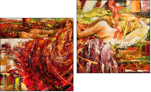 The sleeping girl drawn by oil on a canvas - Two-piece canvas, Diptych
