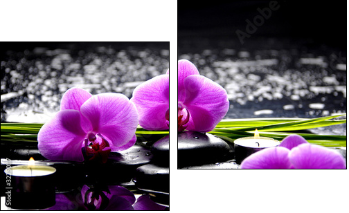 Spa still life with set of pink orchid and stones reflection - Two-piece canvas, Diptych