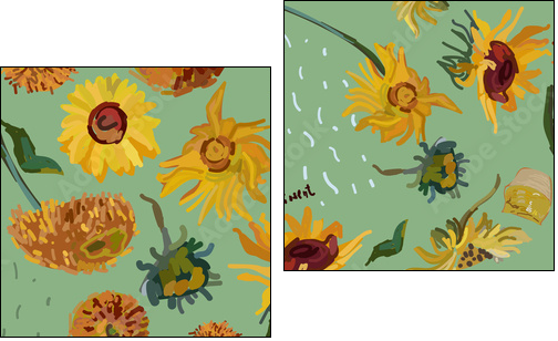 Sunflower flowers on a background of sea green. Vector illustration based on the painting of Van Gogh. - Two-piece canvas, Diptych