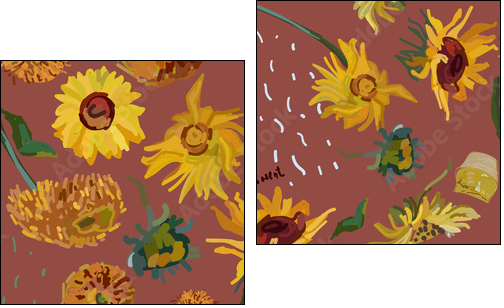 Sunflower flowers on a background of sea green. Vector illustration based on the painting of Van Gogh. - Two-piece canvas, Diptych