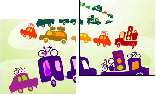 cars caravan, Group of kids playing in a landscape - Two-piece canvas, Diptych