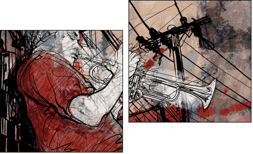 trumpeter on a grunge cityscape background - Two-piece canvas, Diptych