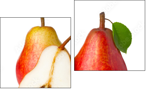 Ripe red pear fruits with green leaves isolated - Two-piece canvas, Diptych