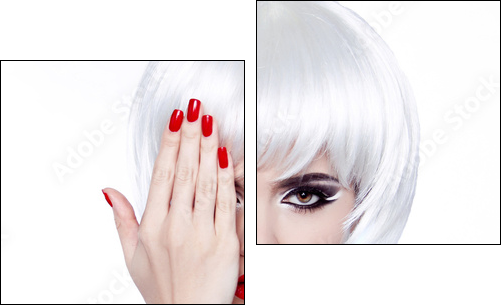 White Hair and Red Nails. Fashion Beauty Girl. Red lips. Manicur - Two-piece canvas, Diptych