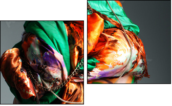photo of redheaded girl in a head-dress from the coloured fabric - Two-piece canvas, Diptych