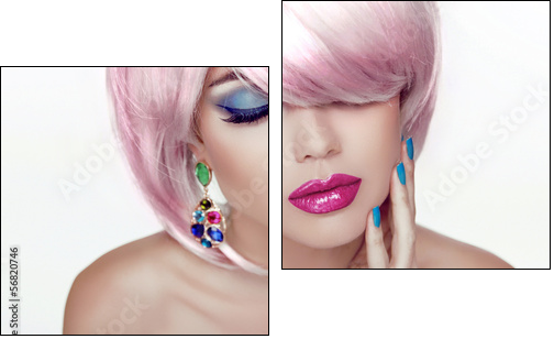 Makeup. Sexy lips. Beauty Girl Portrait with Colorful Makeup, Co - Two-piece canvas, Diptych