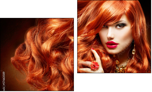 Long Curly Red Hair. Fashion Woman Portrait - Two-piece canvas, Diptych
