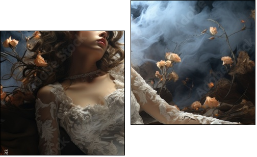 Elegant creative wedding dress on gorgeous model, style appeal luxe , excellent look, white dress, beautiful interior design, glamorous looking . - Two-piece canvas, Diptych