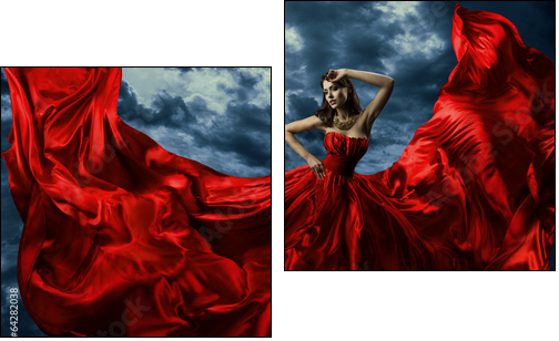 Woman in red evening dress, waving gown with flying long fabric - Two-piece canvas, Diptych