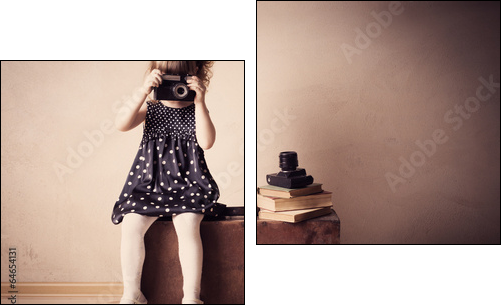 little girl with retro camera on  suitcase indoor - Two-piece canvas, Diptych