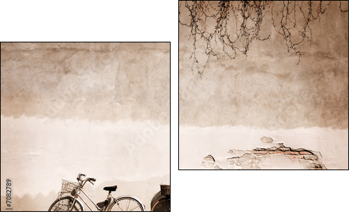 Italian old-style bicycles leaning against a wall  - Two-piece canvas, Diptych