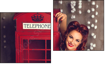 Red hair pin-up woman portrait near telephone booth - Two-piece canvas, Diptych