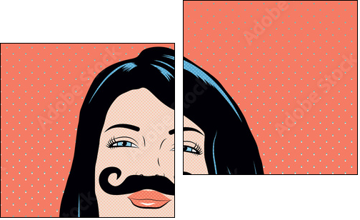 Pop art illustration with girl holding mustache mask. - Two-piece canvas, Diptych