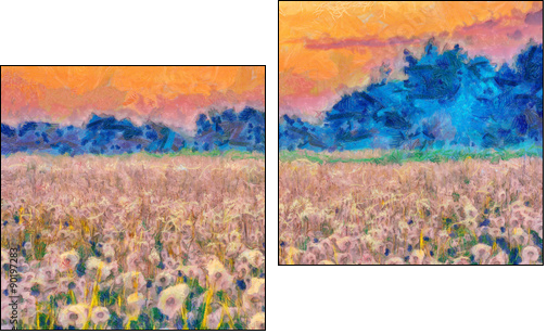 Summer meadow blow balls landscape painting - Two-piece canvas, Diptych