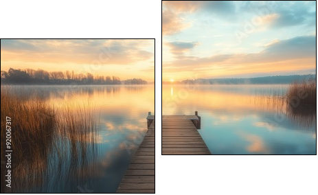 Serene lakeside landscape with a wooden dock, calm waters, and a pastel-colored sky, ideal for peaceful retreat themes - Two-piece canvas, Diptych