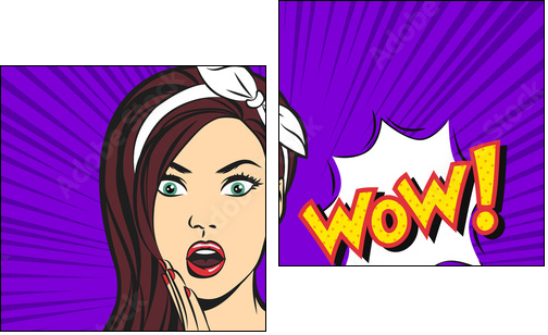 Vector pop art surprised woman face with open mouth and a WOW bubble - Two-piece canvas, Diptych