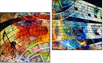 Ancient Mayan Calendar and  Music note, Cosmic space with stars, abstract color Background, computer collage. circular view on space. - Two-piece canvas, Diptych