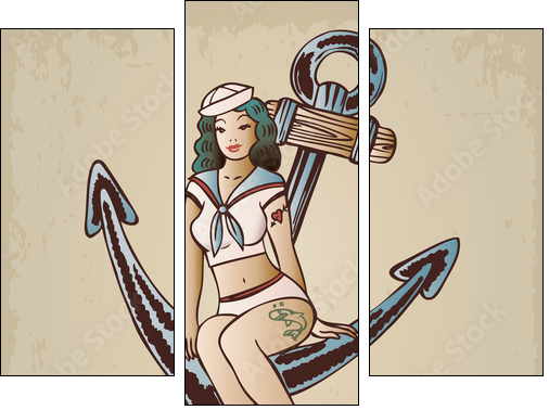 Vintage pinup sailor girl sitting on an anchor - Three-piece canvas, Triptych