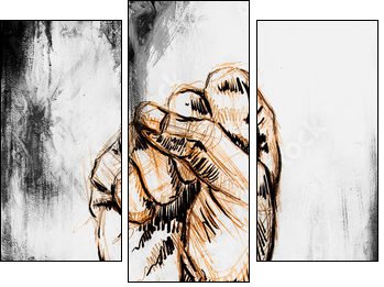 fist drawing, pencil sketch on paper, Color effect. - Three-piece canvas, Triptych
