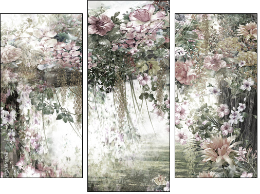 Abstract flowers watercolor painting. Spring multicolored flowers - Three-piece canvas, Triptych