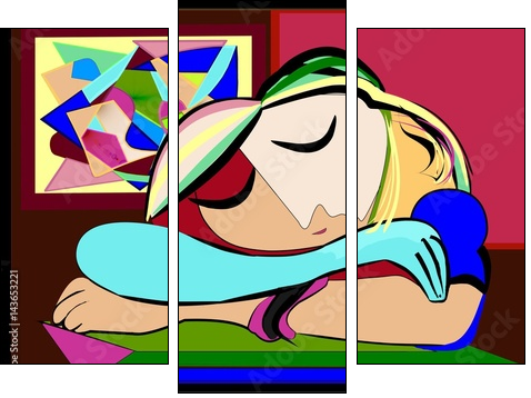 sfondo astratto colorato , ispirato a picasso , donna riposa - Three-piece canvas, Triptych