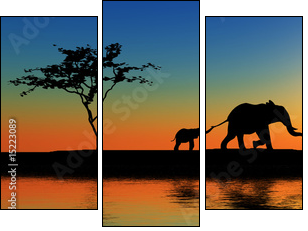 Family of elephants. - Three-piece canvas, Triptych