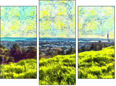 grass filled hillside against a background of trees and a blue sky with clouds - Three-piece canvas, Triptych