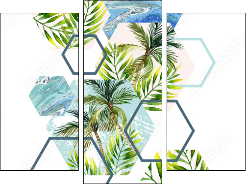 Watercolor tropical leaves and palm trees in geometric shapes seamless pattern - Three-piece canvas, Triptych