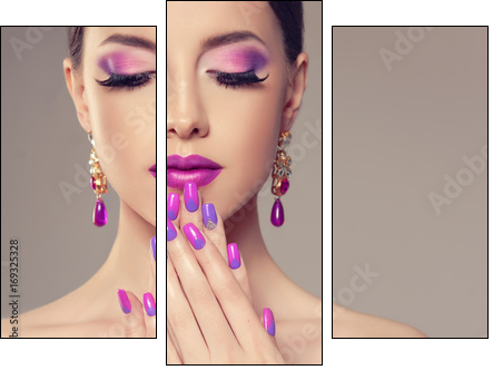 Beautiful girl model with fashion violet make-up and purple design manicure on nails . Jewelry and cosmetics , large violet earrings - Three-piece canvas, Triptych