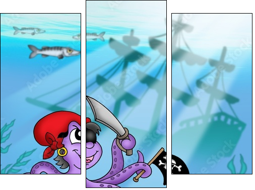 Pirate octopus near ship underwater - Three-piece canvas, Triptych