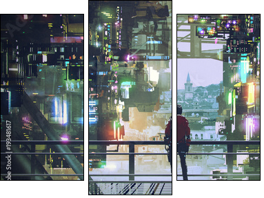 man standing on balcony looking at futuristic city with colorful light, digital art style, illustration painting - Three-piece canvas, Triptych